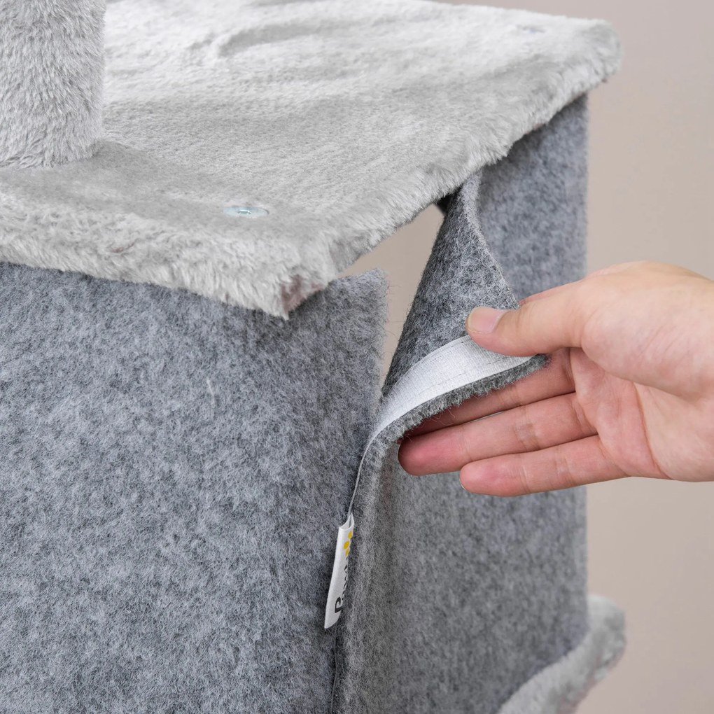 PawHut Drapak dla Kota Szary z 2 Domkami Platformami i Kula do Zabawy 60x40x142cm Bezpieczny i Stabilny | Aosom PL