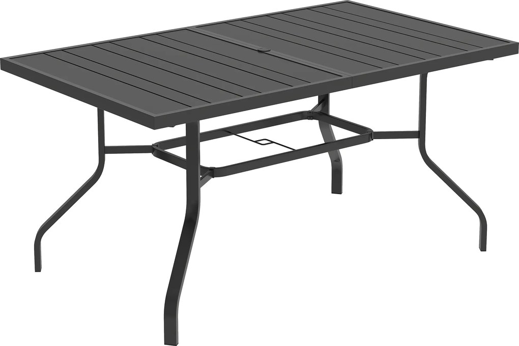 Outsunny Stół Ogrodowy 152x90 cm, Stół Balkonowy Odporny na Warunki Pogodowe, z Otworem na Parasol, Design z Lamelami, Czarny