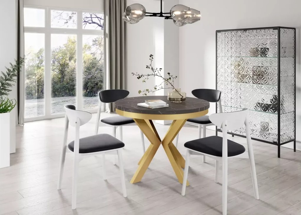 Elegancki stół rozkładany Argan z okrągłym laminowanym blatem na złotych nogach do salonu lub jadalni
