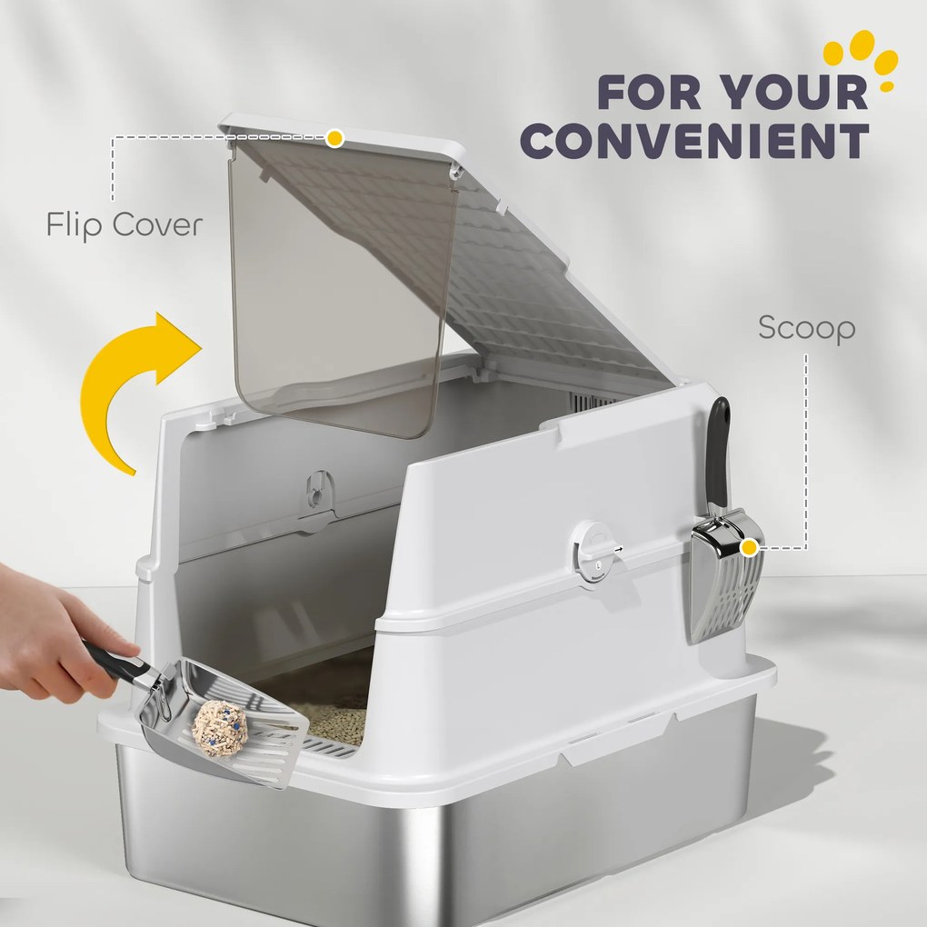 PawHut Kuweta dla Kotów, Stal Nierdzewna, XL Wnętrze, z Łopatką, Jasnoszary