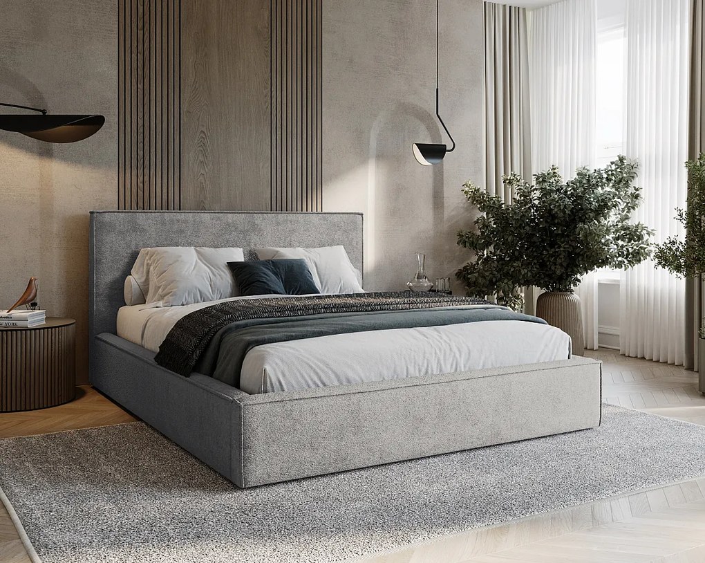 BESILIO Tapicerowane łóżko do sypialni 200x200 Zanzi - stelaż metalowy, pojemnik, ozdobna lamówka, tkanina szenil- Szary