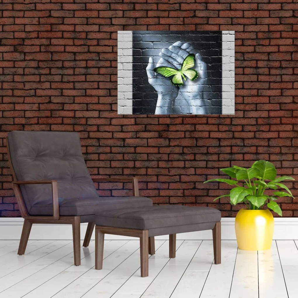 Obraz - Zielony motyl w ścianie (70x50 cm)