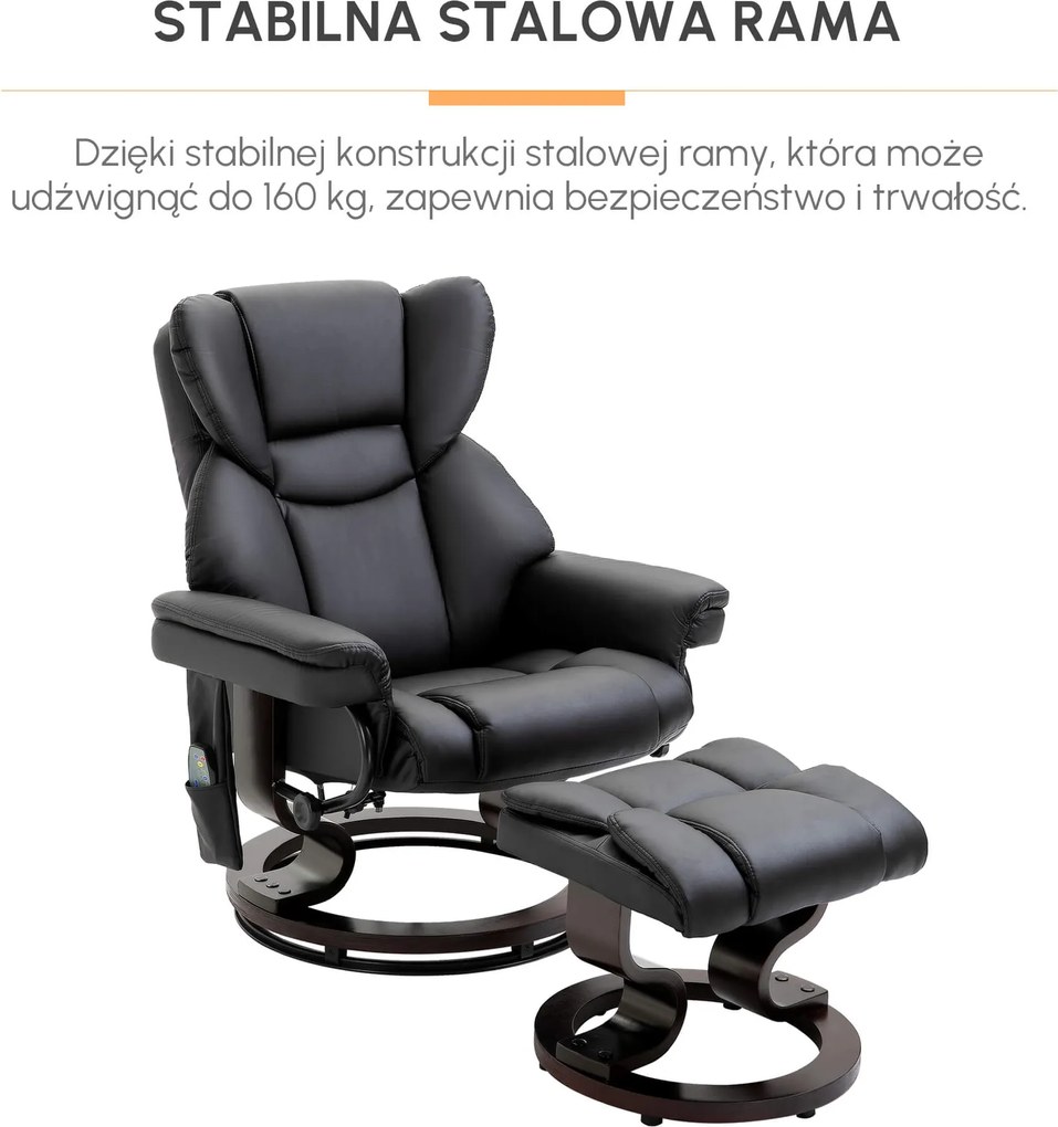 HOMCOM Fotel do masażu z podnóżkiem fotel relaksacyjny nachylenie 145° czarny 79 x 82 x 101 cm