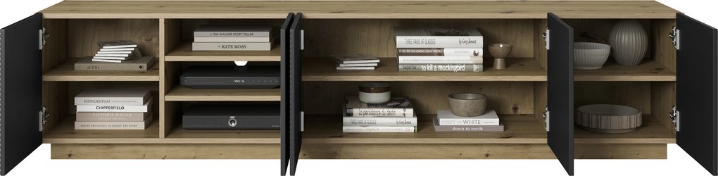 Szafka RTV Asha 200 cm pięciodrzwiowa z ryflowanym frontem - artisan / czarny mat