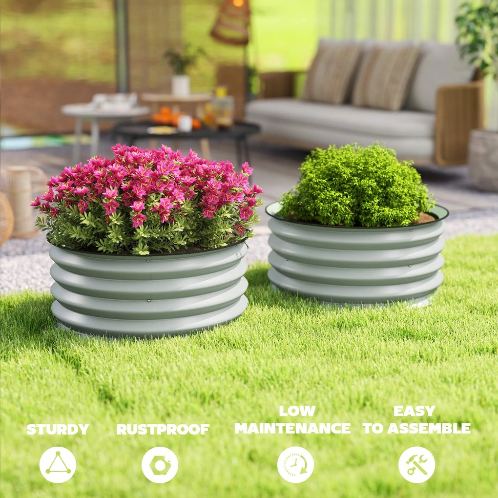 Outsunny Zestaw 2 ocynkowanych donic Ø60 x 30H cm z otwartym dnem na różne rośliny, Zielony