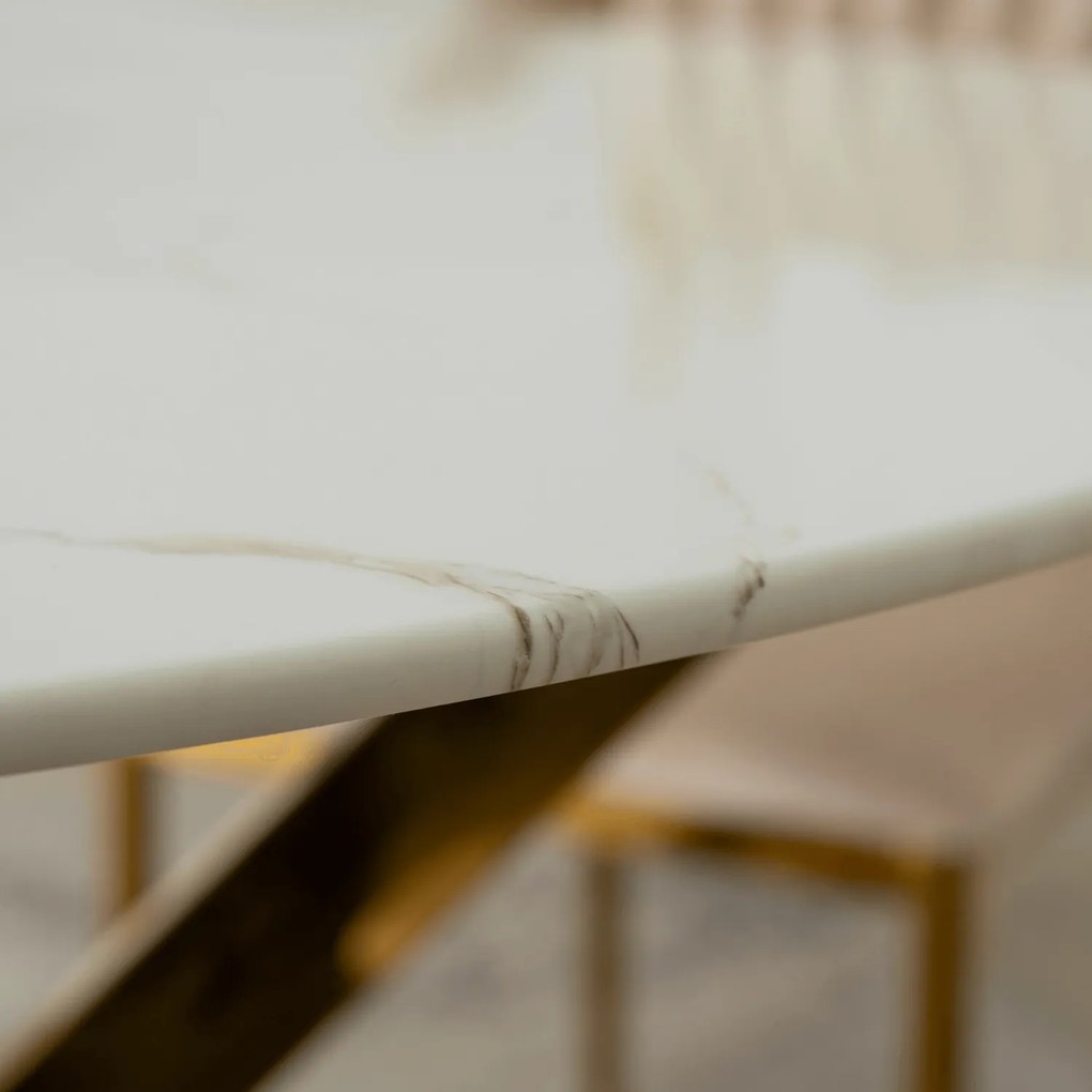 Stół Okrągły Szklany BALI 100 cm Biały Marmur/Złoty Glamour