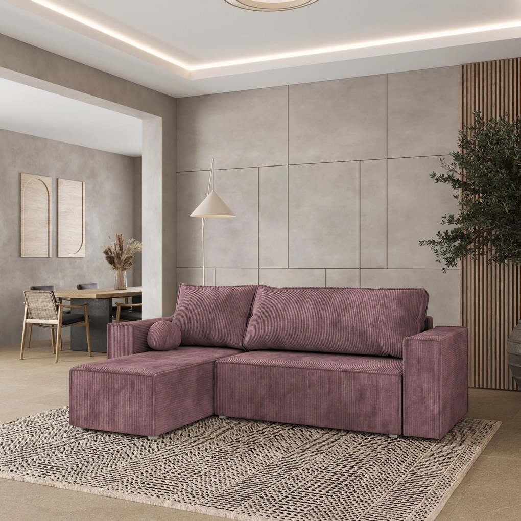 Masseno Narożnik RAVELO z funkcją spania i pojemnikiem na pościel Narozniki L, Rozkładana sofa - Wrzosowy, POSO 130