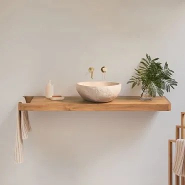 Zestaw Mebli Łazienkowych 130x45 Cm Wiszący Z Drewna Tekowego Neill Drewno Tekowe & Nieregularna Z Beż - Sklum