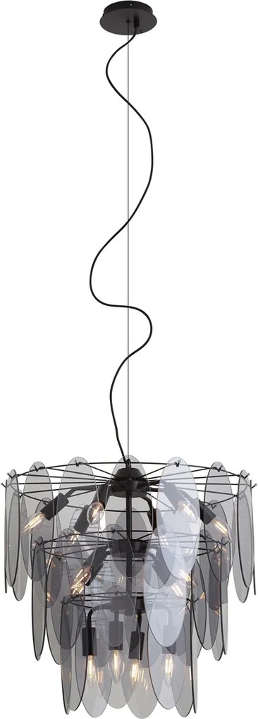 Art Deco Pendant Lamp Black with Smoke Glass Oval 14-Light - Mochan