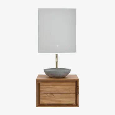 Zestaw Wiszących Mebli Łazienkowych Z Drewna Tekowego Jabari Drewno Tekowe & Okrągły Szary Cement Ø40 Cm - Sklum