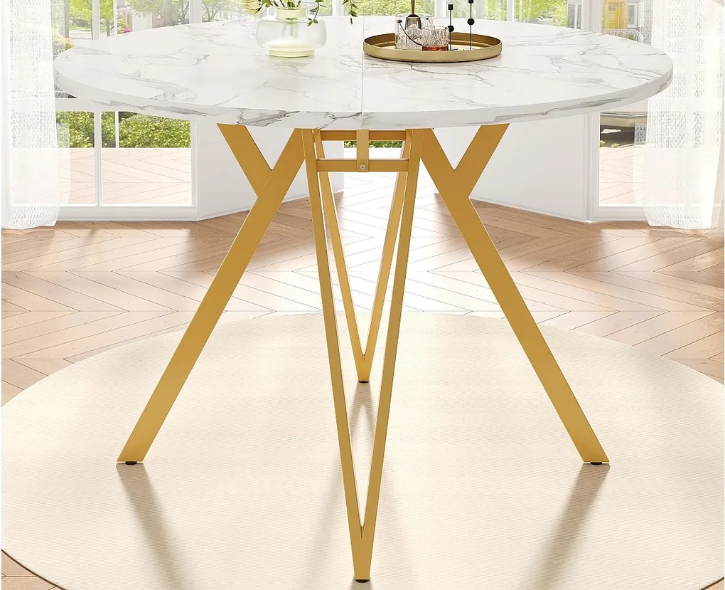 Okrągły stół jadalniany - Metalowa rama - Okleina o wzorze marmuru - Dla 4 osób - MDF - Biały i Złoty