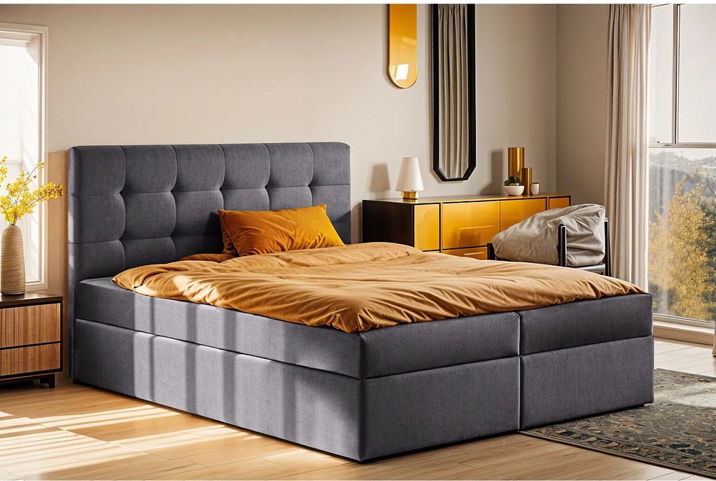 Łóżko kontynentalne z materacem i pojemnikiem LUDANO, tkanina Noel, Ciemnoszary, 140x200 cm, H2-Pocket