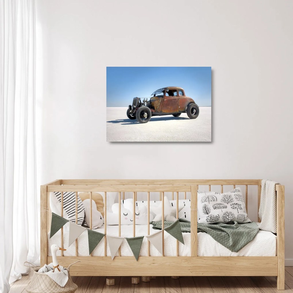 Obraz na szkle samochodu na pustyni (70x50 cm)