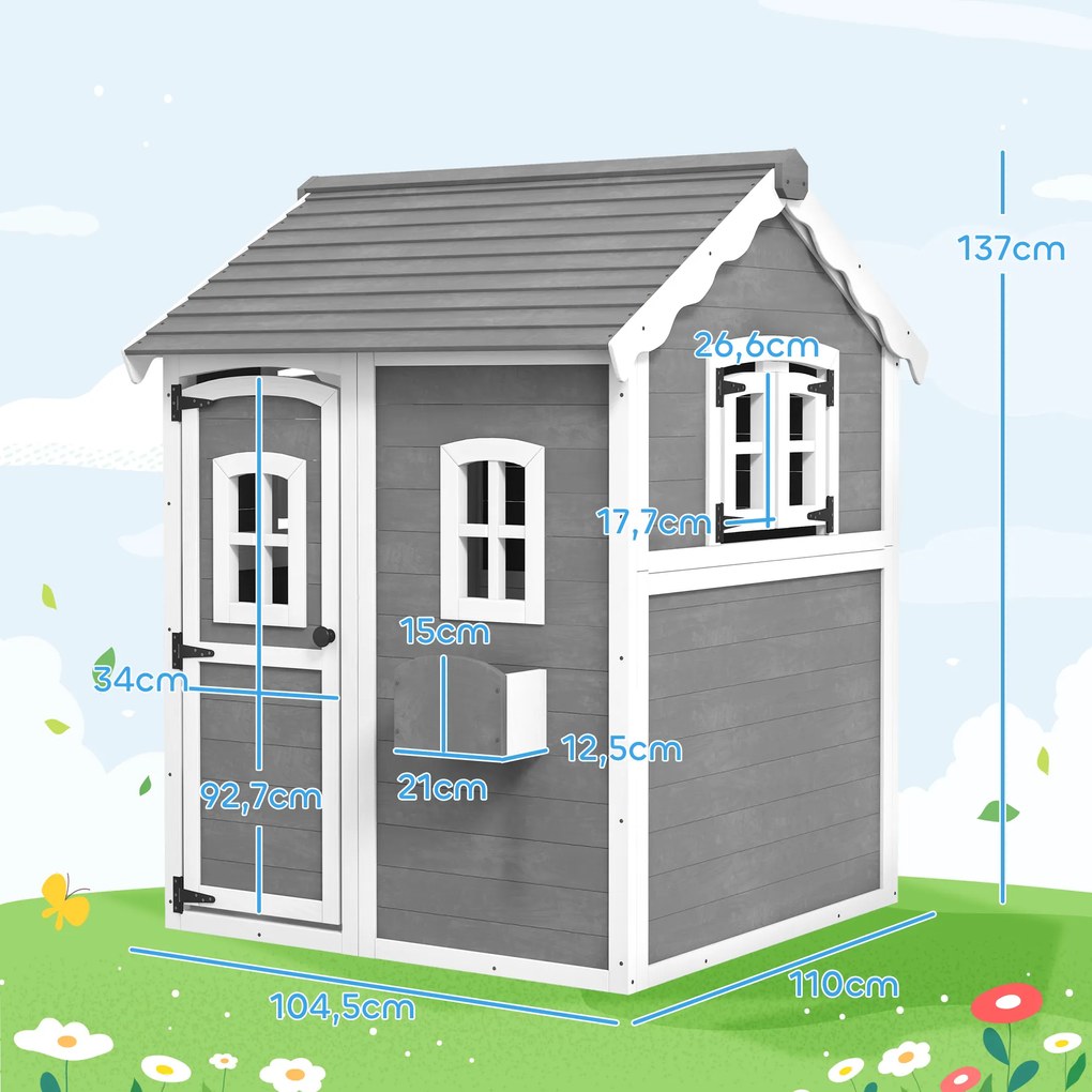 Outsunny Domek dla dzieci, do wewnątrz i na zewnątrz, z drzwiami, oknami i skrzynką na rośliny, Drewno świerkowe, Szary