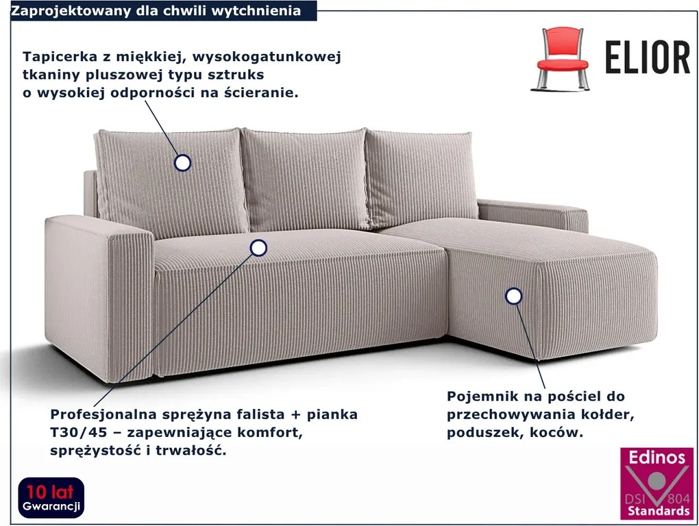 Jasnobeżowy narożnik rozkładany z pojemnikiem na pościel S3-F09