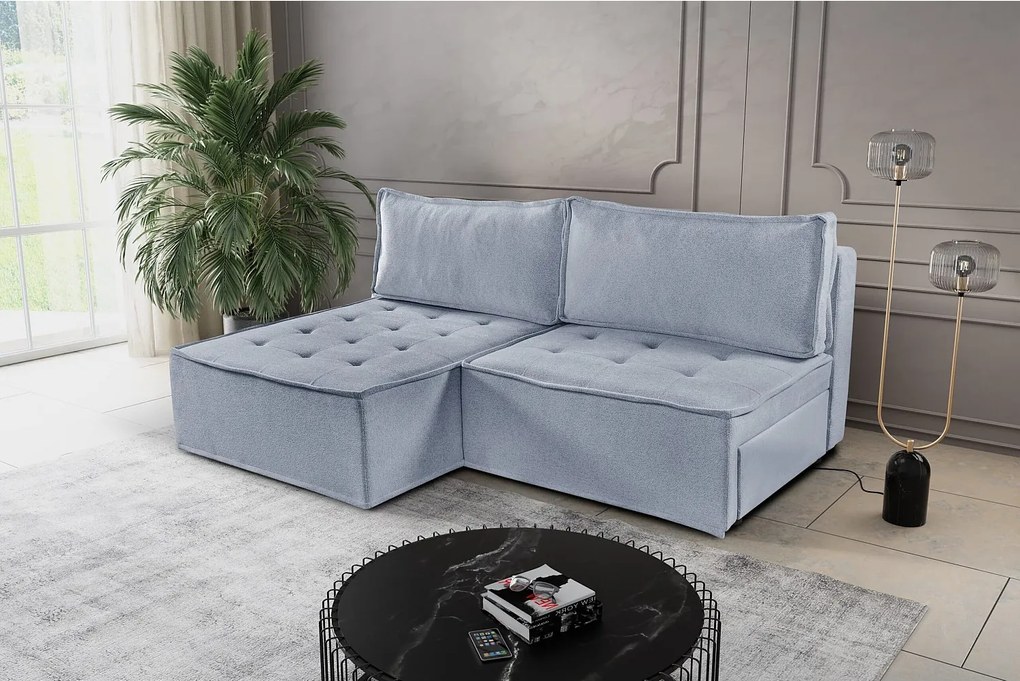 Sofa z funkcją spania w kształcie L Bohoo Mini, tkanina Raven, Jasnoszary, Lewy