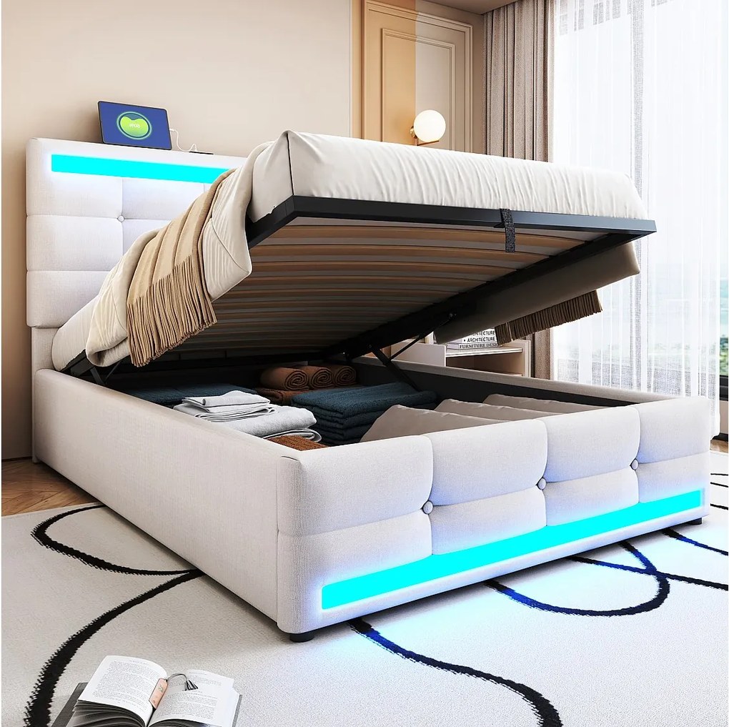 Łóżko 90x200 cm z pojemnikiem - Łóżko dziecięce z ładowaniem USB i oświetleniem LED - beżowy len - bez materaca