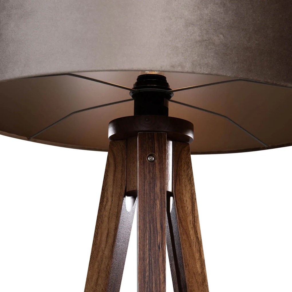 Lampa podłogowa na trójnogu z drewna orzechowego z abażurem z weluru taupe 50 cm - Tripod Classic Rustykalny / Vintage Oswietlenie wewnetrzne