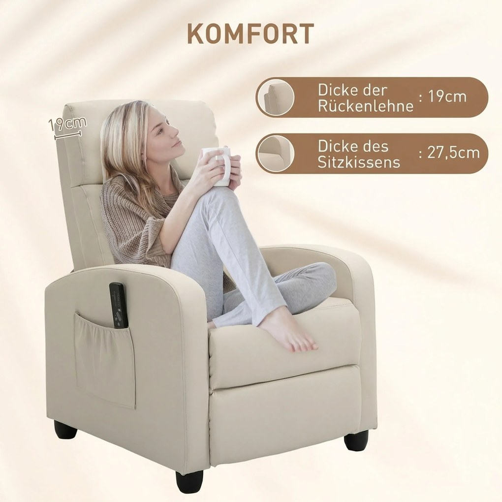 HOMCOM Fotel relaks fotel TV z wibracyjnym masażem, funkcja leżanki, 2 punkty masażu, pilot, 68 x 88 x 98 cm kremowy | Aosom PL