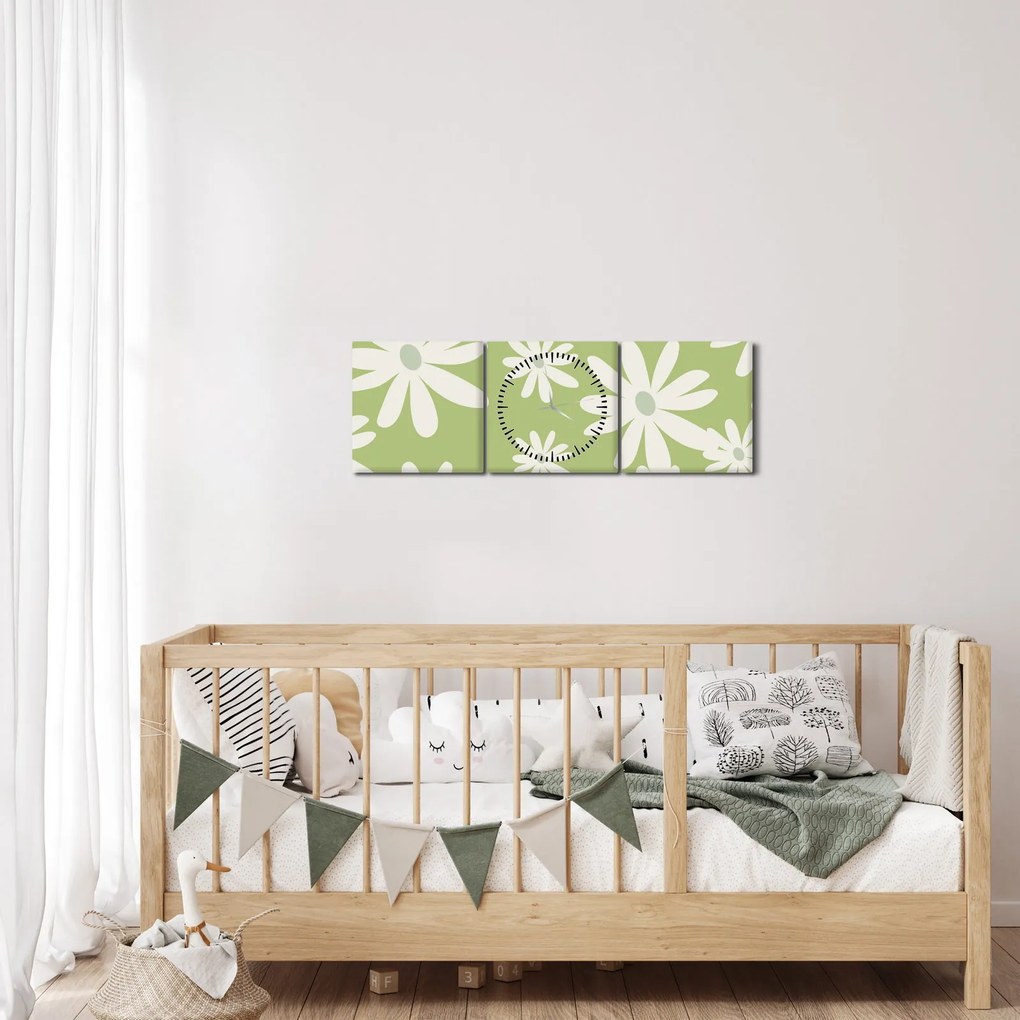 Obraz - Hipisi, zielone kwiaty N⁰1 (z zegarem) (90x30 cm)