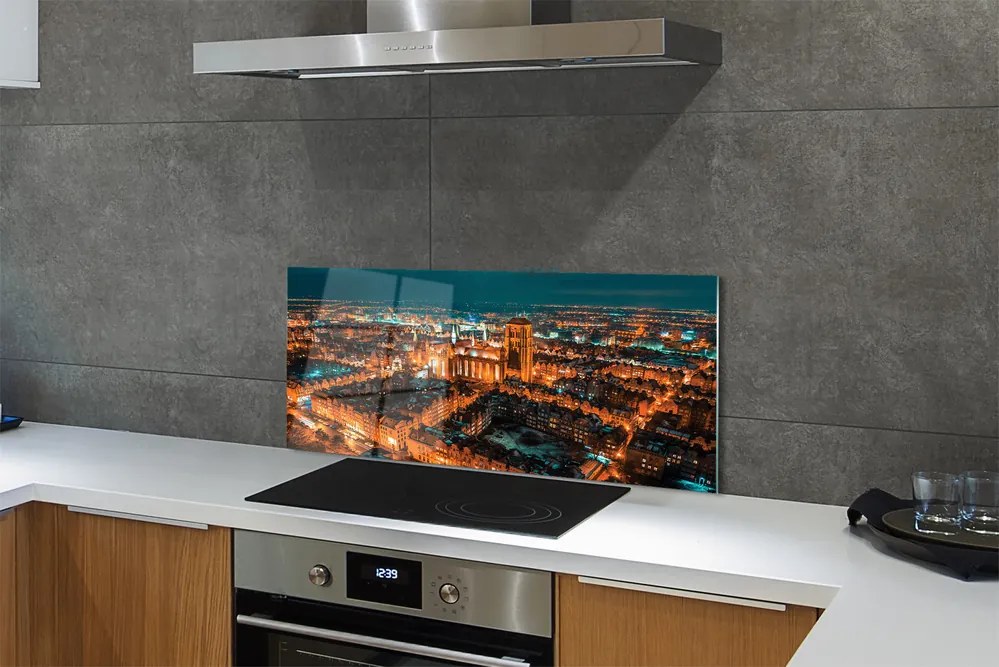 Panel szklany do Kuchni Nocna Panorama Gdańskich Kościołów