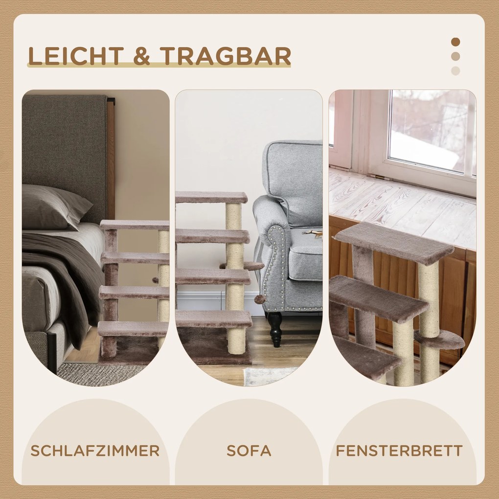 PawHut Drabinka z Drapakiem dla Zwierząt, 4-stopniowa, dla Zwierząt do 5 kg, 60x40x64cm, Brązowy