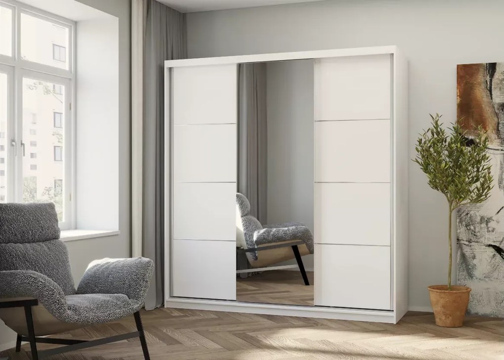 Szafa Lorina 203 cm – nowoczesna szafa przesuwna z lustrem w kolorze białym, elegancka i pojemna