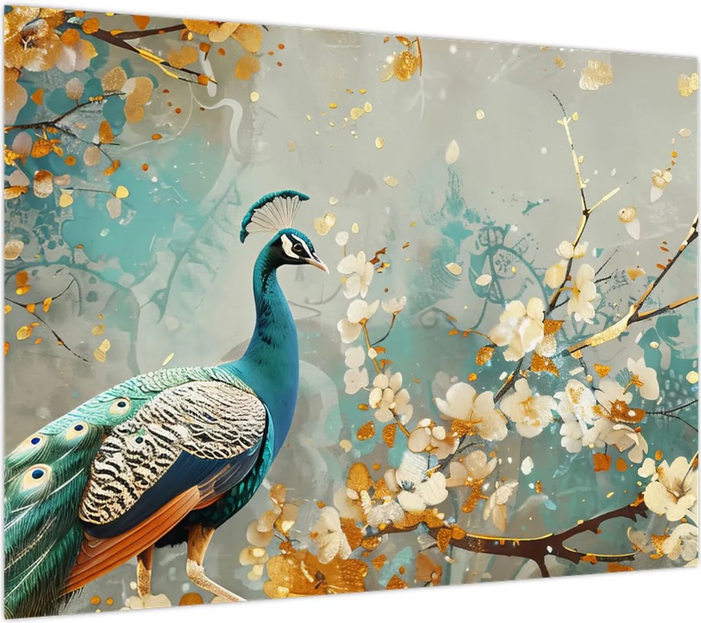 Obraz - Paw ze złotą dekoracją (70x50 cm)