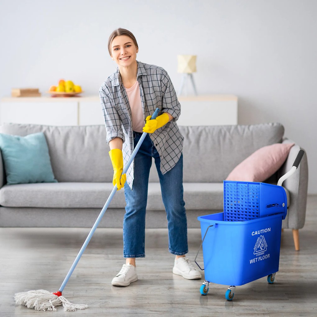 HOMCOM 20L Wiadro do Mopa z Wyciskaczem i Uchwytem, na Kółkach, z Tworzywa, Niebieskie