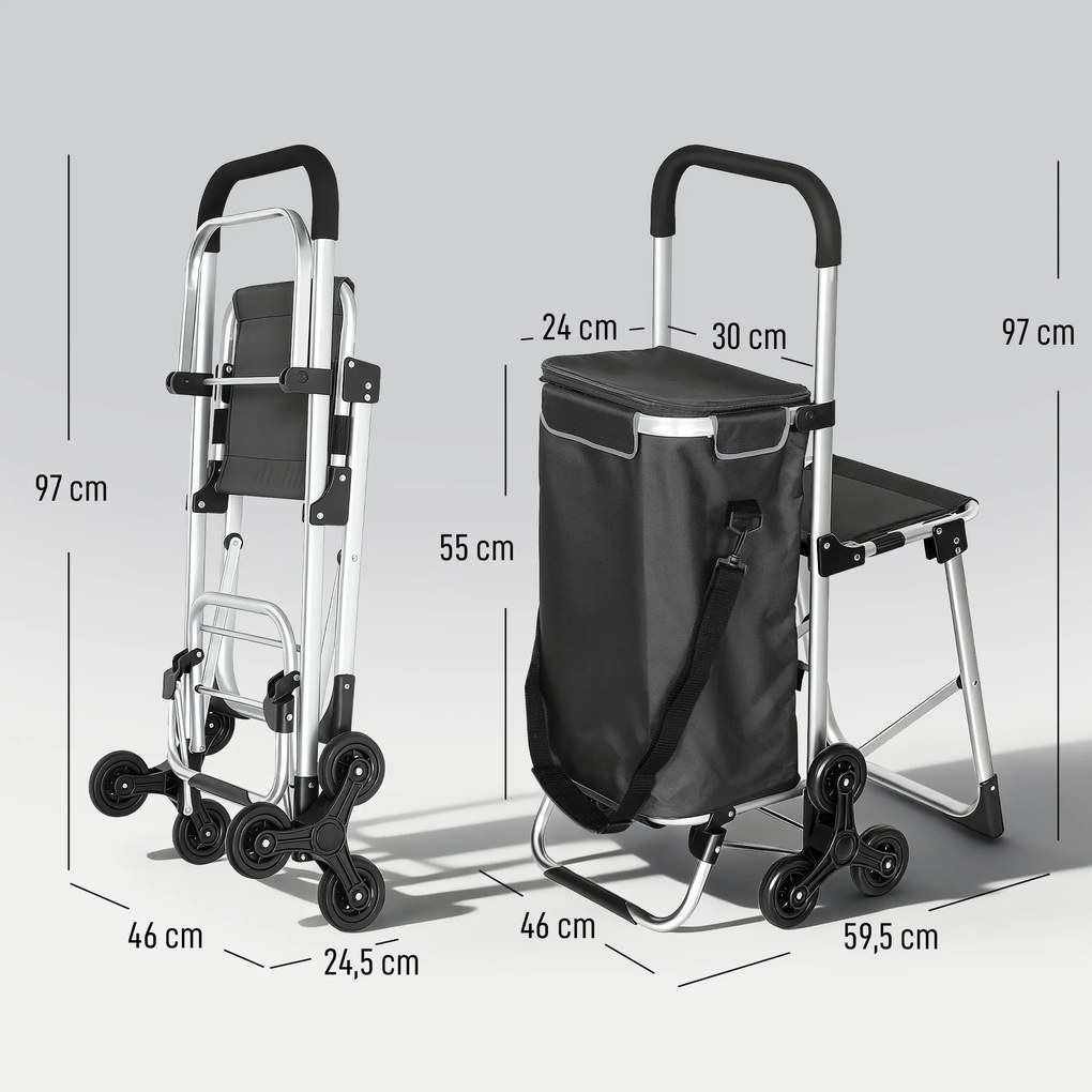 HOMCOM wózek na zakupy, torba Oxford 40 l, design 3 kół, rama aluminiowa, siedzisko, ciemnoszary | Aosom PL