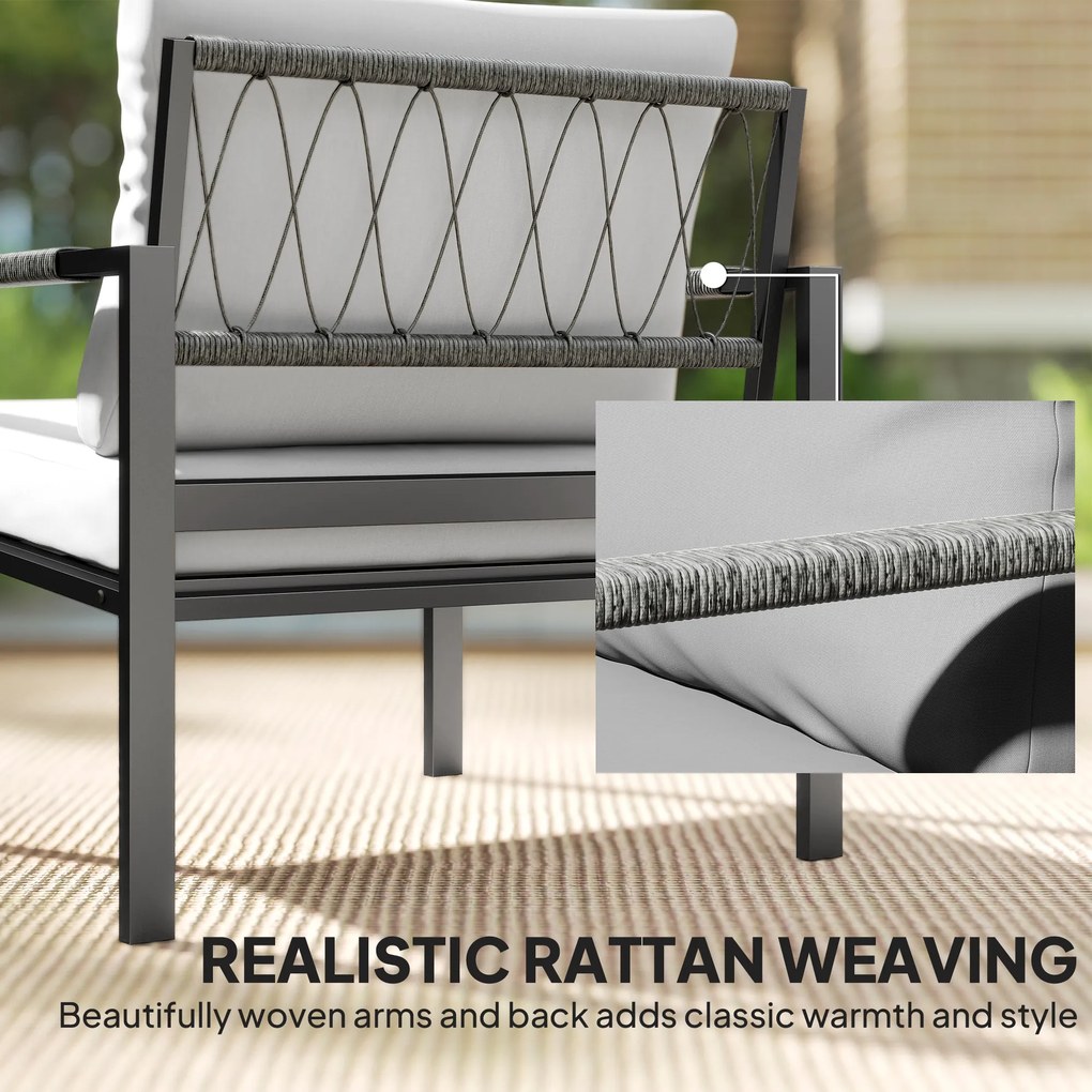 Outsunny Zestaw Mebli Ogrodowych dla 4 Osób, Balkonowy Zestaw Mebli z Dwuosobową Sofą, Fotelem, Poduszkami, Stolikami, Jasnoszary | Aosom PL