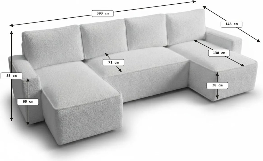 Rozkładana sofa narożna w kształcie U SMART BOUCLE 303x140 cm, kremowa
