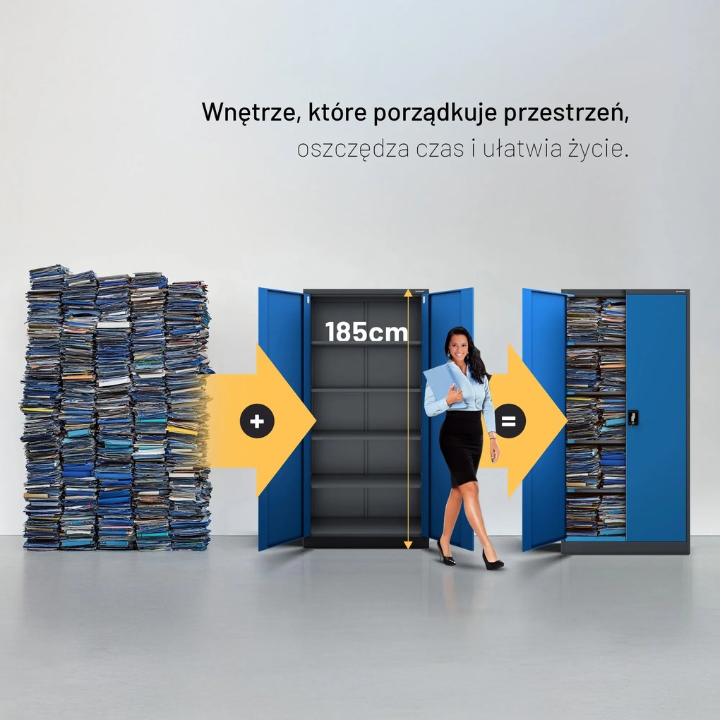 Szafa biurowa na dokumenty z 4 półkami antracytowo-niebieska, 900x1850x400 mm: JAN