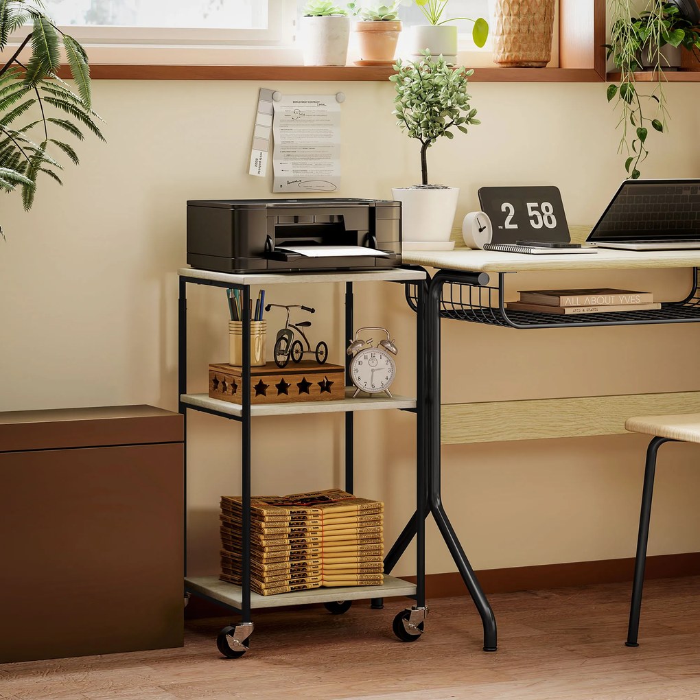 HOMCOM Stojak na Drukarkę z 3 Poziomami, Regulowany, Mobilny Biurkowy Stolik na Drukarkę, dla Home Office, Metal i Drewno