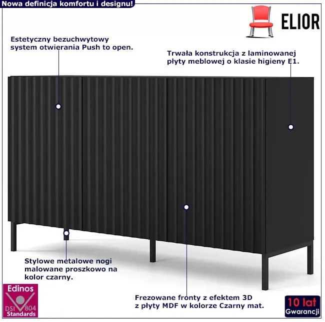 Czarna komoda frezowana na czarnych nogach Ruler 4X