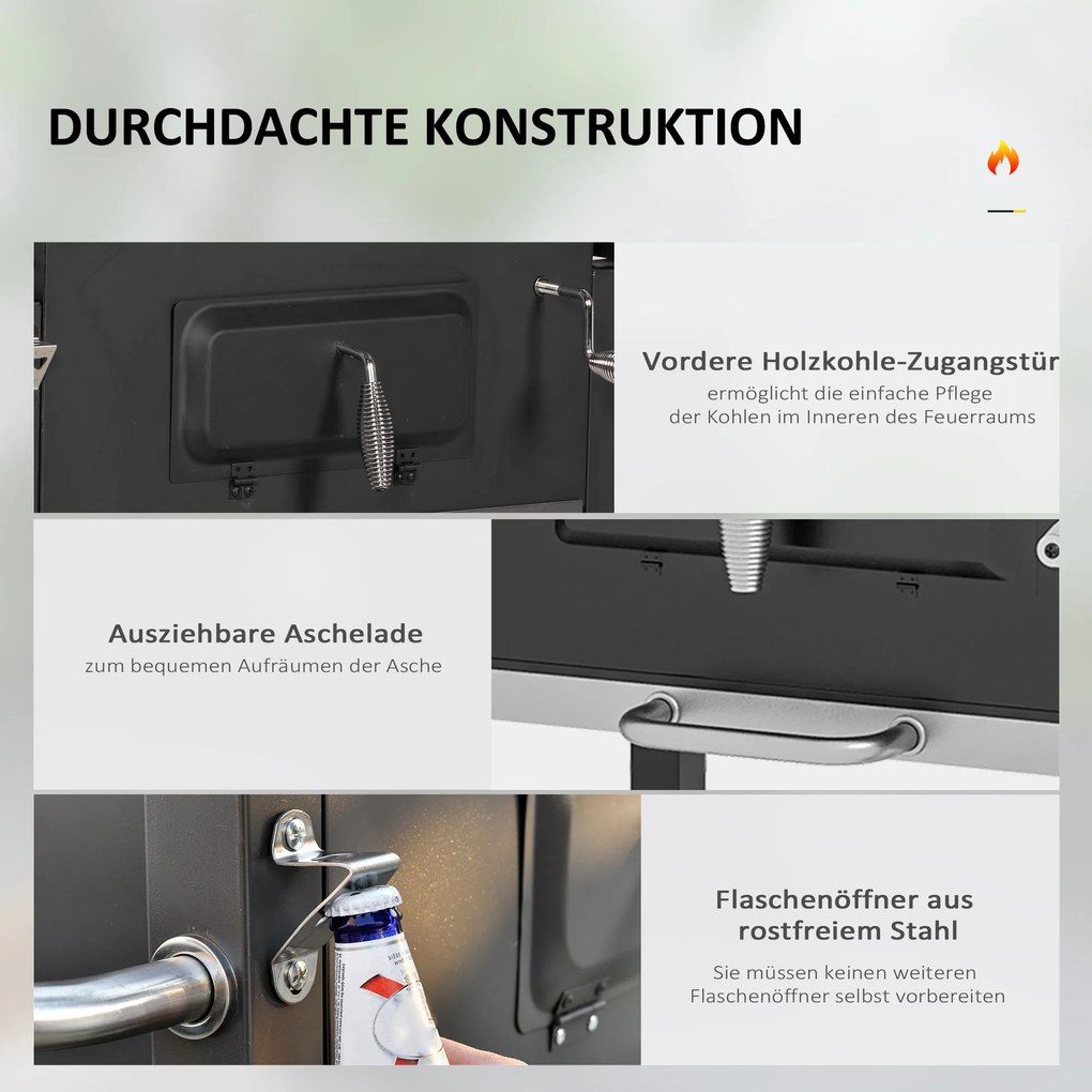 Outsunny Grill węglowy Smoker BBQ-Smoker, 1 półka, 1 uchwyt na ręcznik, 2 ruszty grillowe, 113 cm x 65 cm x 108 cm, Czarny