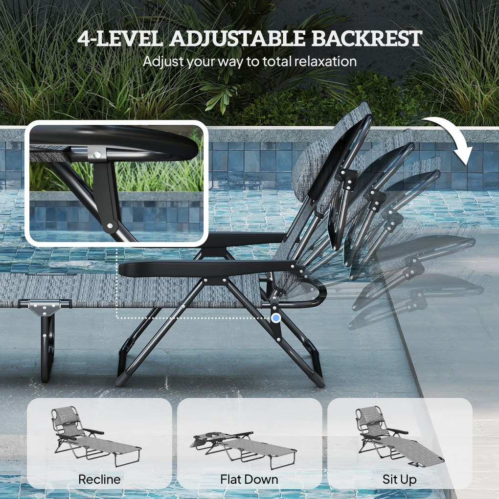 Outsunny Leżak ogrodowy Relax, składany, odporny na warunki atmosferyczne, 194 cm x 72 cm x 31 cm, Czarny + Szary