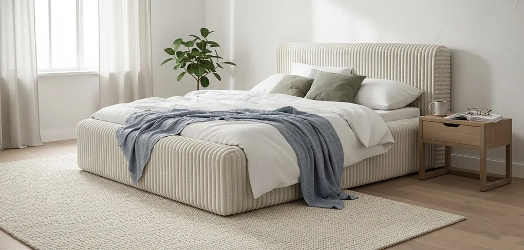 Kremowe nowoczesne łóżko tapicerowane z zagłówkiem P7-T81