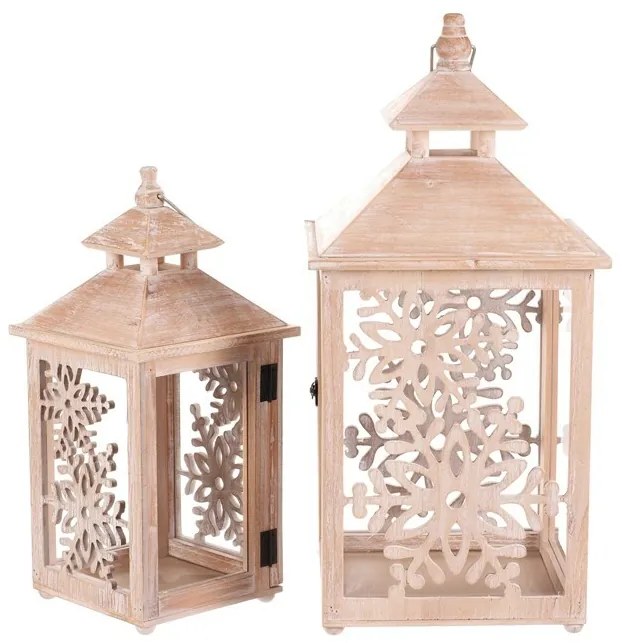 Zestaw latarni drewnianych Płatki śniegu 2 szt., naturalny