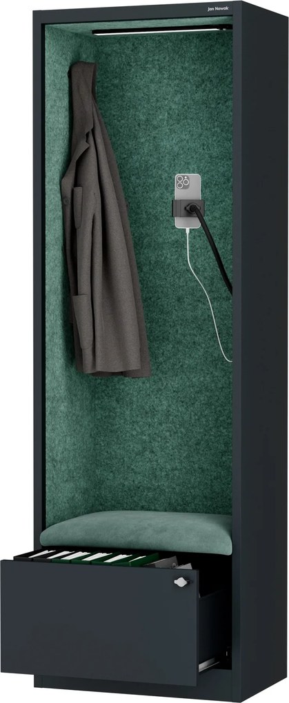 Kabina akustyczna SALLY MentalBox 600 mm – antracytowy korpus, zielone siedzisko