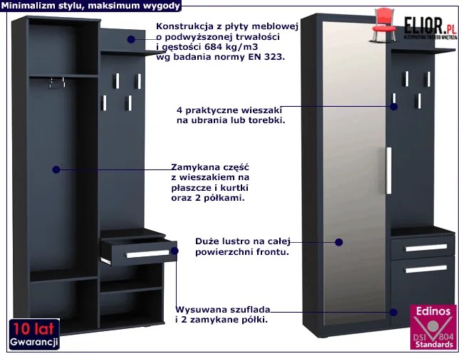 Szafa z lustrem do korytarza Kaya 2X - czerń