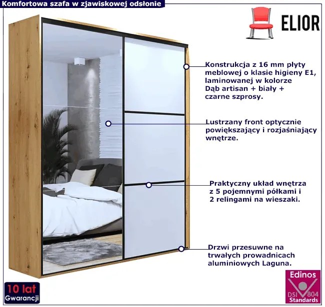 Szafa z lustrem dąb artisan + biały + czarne szprosy - Estori 3X