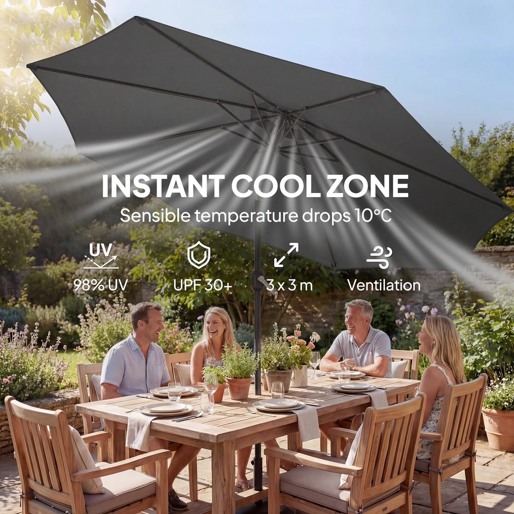 Outsunny Parasol ogrodowy Ø300 cm z korbką, podstawą krzyżową i workiem piaskowym, UV 30+, ciemnoszary | Aosom PL