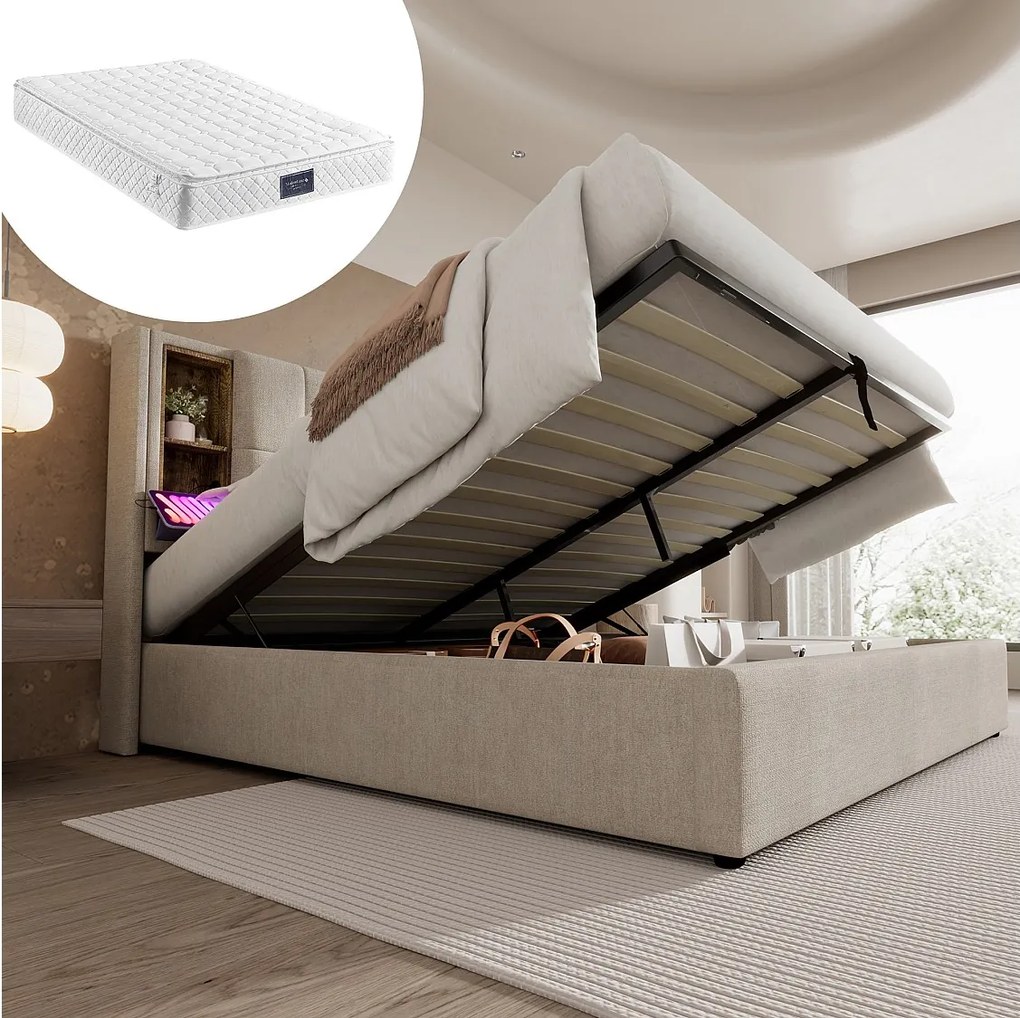 Łóżko 140x200 cm z pojemnikiem na pościel - z zagłówkiem i schowkiem, USB i typ C, stelaż - len - naturalny - materac wliczony w cenę