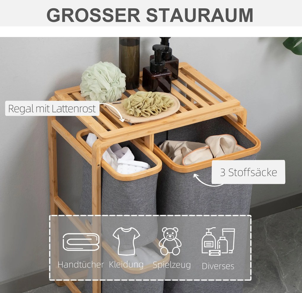 HOMCOM Kosz na Pranie z Bambusa 3 Wyjmowane Kosze Naturalny Szary 50x32x697cm | Aosom PL