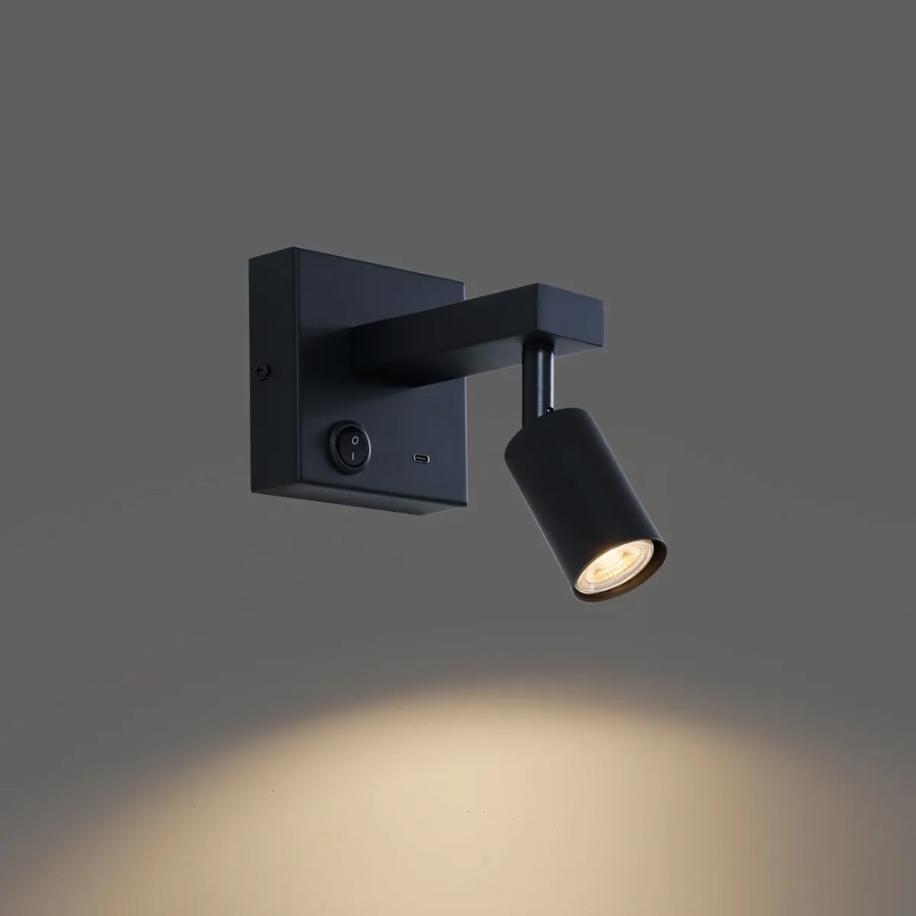 Nowoczesny czarny kinkiet z USB-C z możliwością regulacji nachylenia - Rex