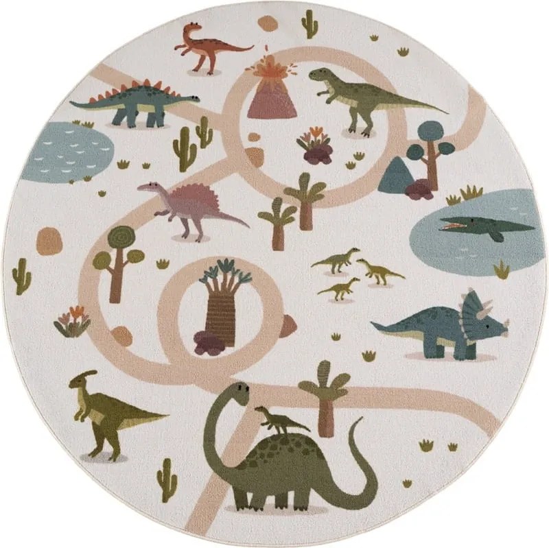 Dywan dziecięcy Coco Dinozaury kremowe koło 120 cm x 120 cm