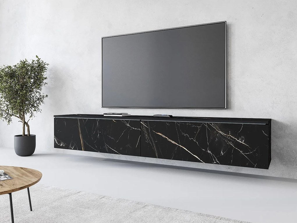 Nowoczesna szafka RTV 180 cm do salonu z LED – 2-drzwiowa, bezuchwytowa, marmurowy mat, stojąca lub wisząca