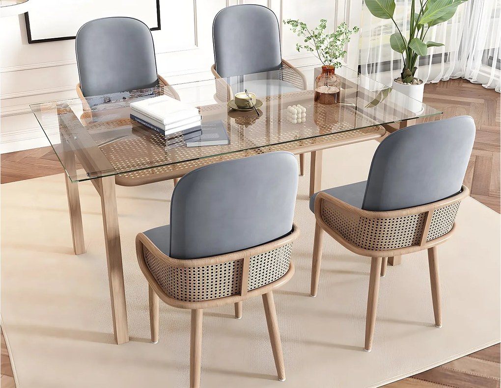 Zestaw 4 aksamitnych krzeseł z rattanowymi podłokietnikami – 4 nogi z naturalnego metalu – szary