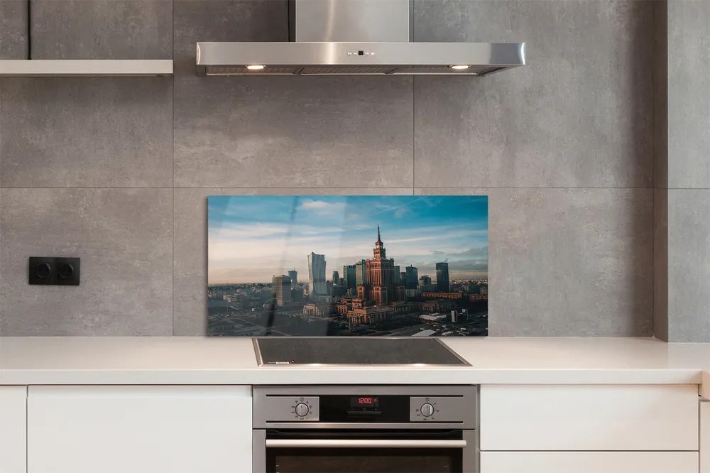 Panel szklany do Kuchni Wieżowce Warszawy o Wschodzie Słońca